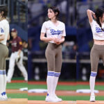 Jeon Jong-seo shows off her leggings fashion and toned physique in a cropped LA Dodgers T-shirt at the Dodgers vs Kiwoom Heroes exhibition game, Gocheok Sky Dome, Seoul, March 17.