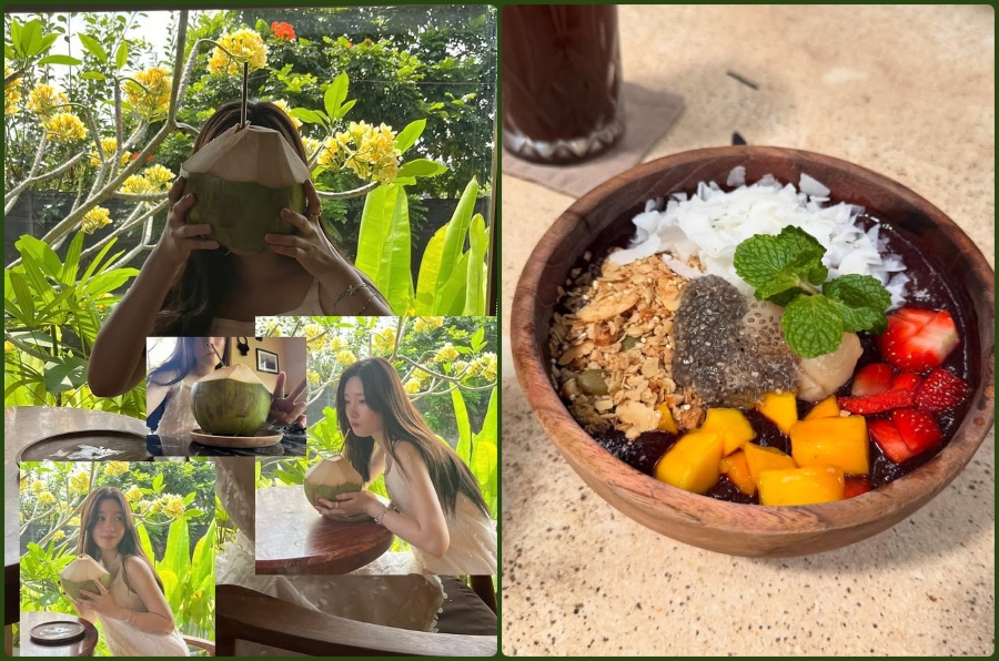 Jung Chae yeon Enjoys Acai Bowl in Bali Jung Chae-yeon eating an acai bowl in Bali with fresh fruits, nuts, honey, and granola during her Bali vacation.