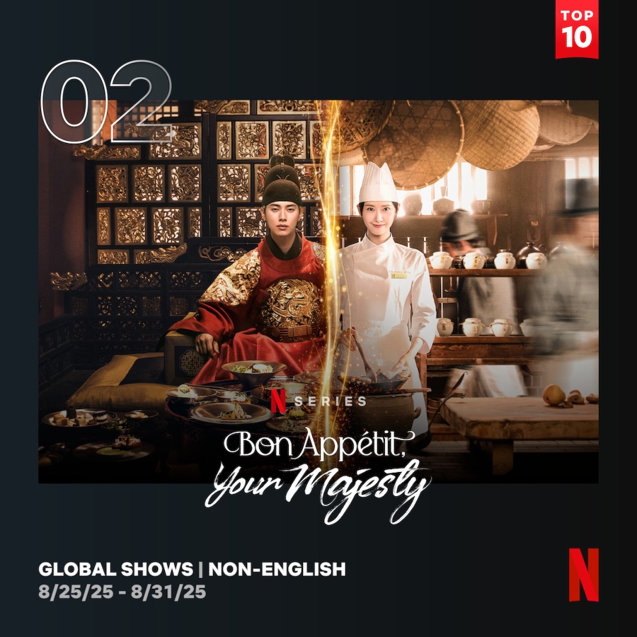 Poster of Bon Appetit, Your Majesty showing lead actors in historical and modern chef outfits, with Netflix ranking badge indicating No. 2 spot on the Global Top 10 Non-English TV chart for August 25–31, 2025.