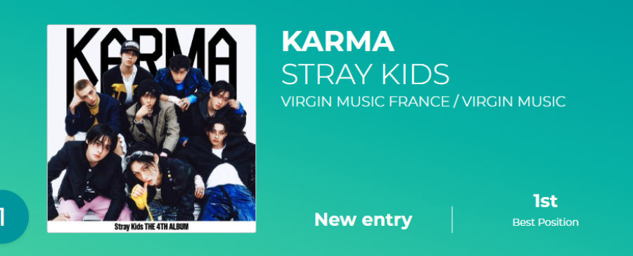 Stray Kids celebrate as their album "KARMA" debuts at No. 1 on the SNEP chart in France and the Official Albums Chart in Germany.