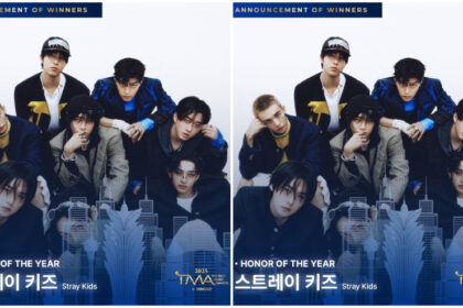 Stray Kids receiving Record of the Year and Honor of the Year at the 2025 The Fact Music Awards in Macao Outdoor Performance Venue, with members speaking on stage and audience celebrating.