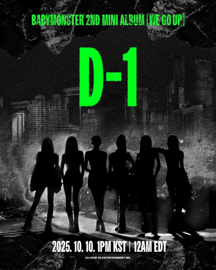 BABYMONSTER ‘We Go Up D 1 Teaser BABYMONSTER members stand in silhouette before a monotone city skyline in the D-1 teaser image for their second mini album “We Go Up.”