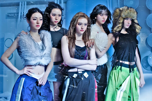 Screenshot from MEOVV’s “BURNING UP” MV teaser showing group members in sporty Y2K-inspired outfits, fast cuts, dynamic poses, headbands and beanies visible, high-energy retro vibe, digital single releasing Oct 14 6 PM KST.