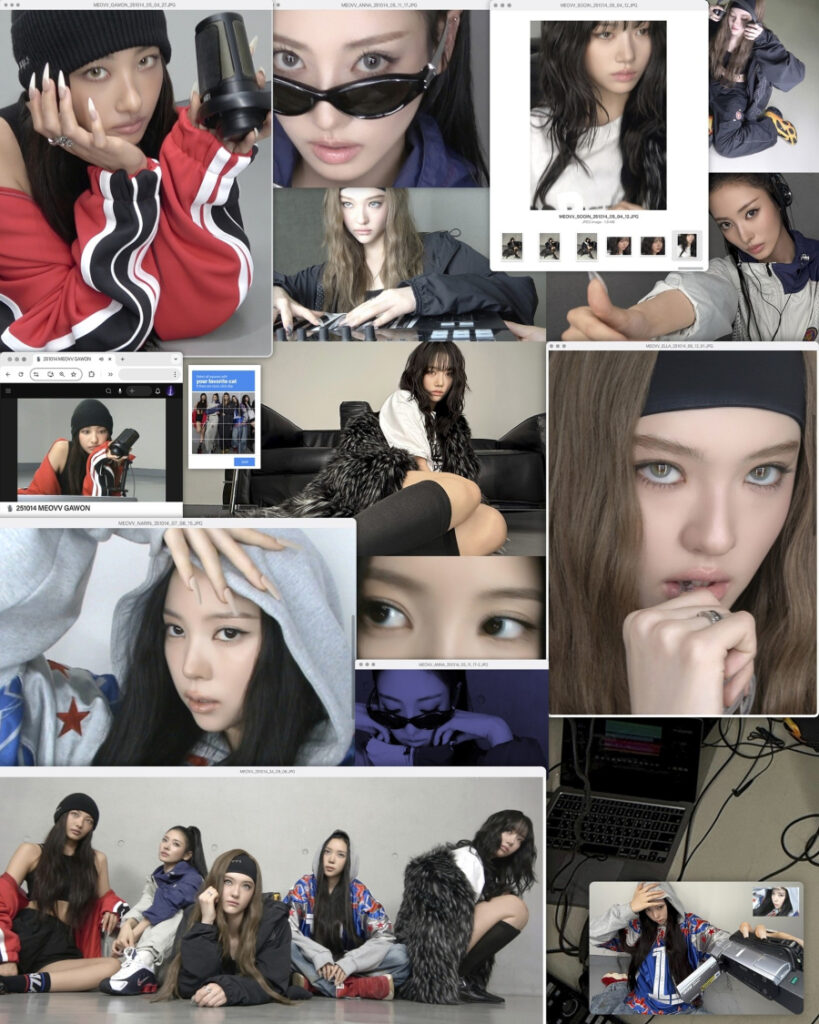 MEOVV BURNING UP Teaser Collage – Hip Sporty Y2K Vibes A colorful teaser collage of MEOVV members in sporty outfits (headbands, beanies, streetwear), featuring group shots and selfies. The image hints at a Y2K-inspired concept mixed with the group’s classic cat theme, posted via official SNS, October 6, Seoul.