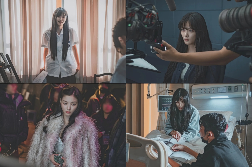 Kim Yoo-jung smiling behind the scenes during filming of TVING Original series Dear X; actress holding script before shoot.