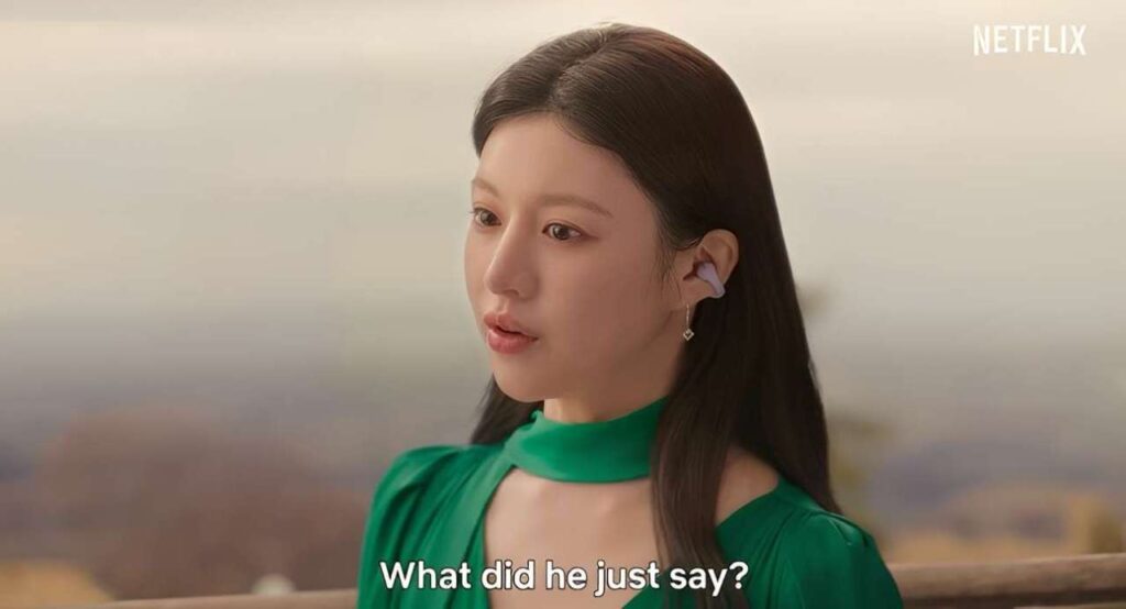 A still from Netflix’s upcoming romantic comedy Can This Love Be Translated? shows a tense moment as an unexpected confession — “I… Really Like You”